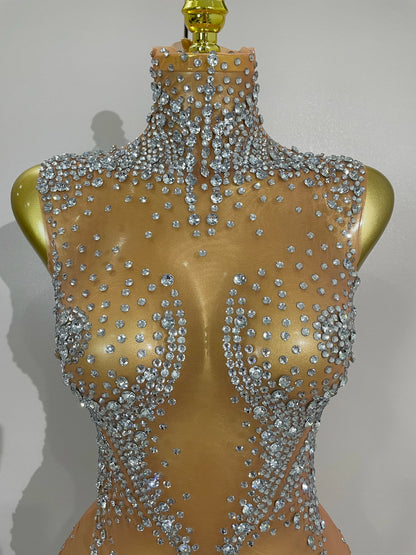 Sexy Stage Sparkly Rhinestone Mesh See Through Crystal Bodysuits Women Luxury Birthday Dancer Nightclub Bar Performance Outfit