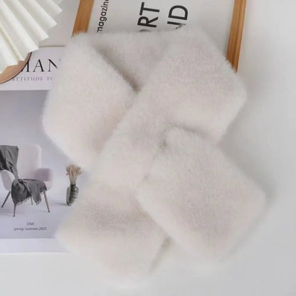 Winter Warm Faux Mink Fur Cross Scarf Solid Color Thickened Neckerchief Wrap Soft Neck Warmer Collar Scarf Autumn Winter