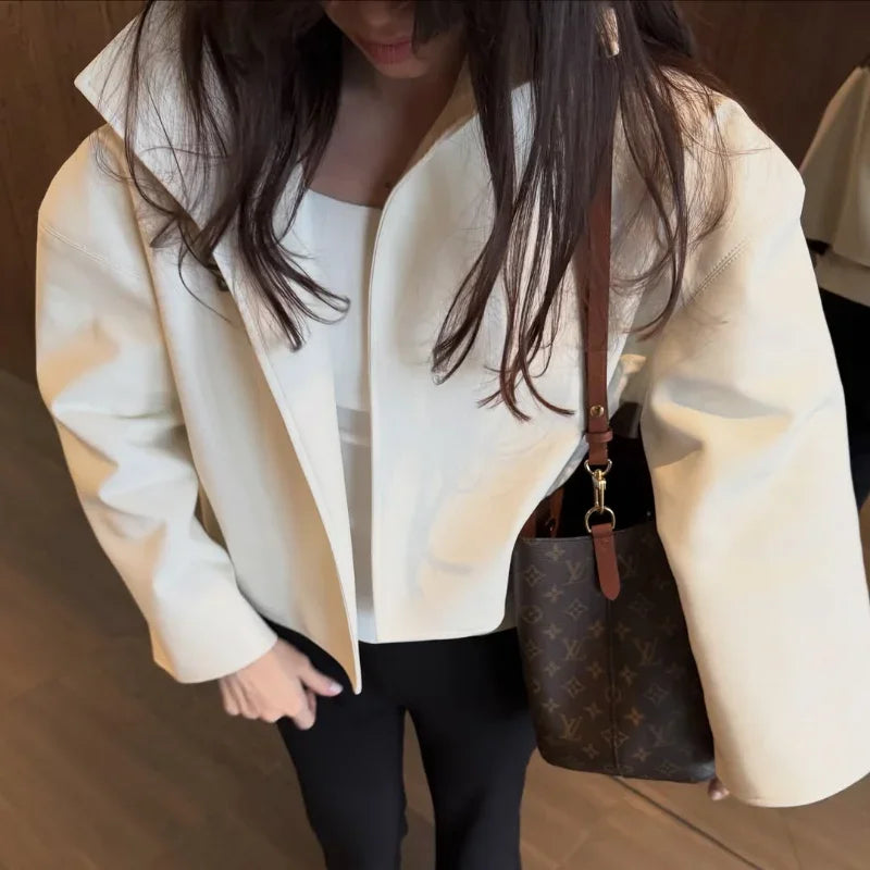 Women Cropped PU Leather Jacket Stand Collar Wide Flare Sleeve Asymmetrical Wrap Open Front Coat 2026 Autumn Chic Loose Jackets