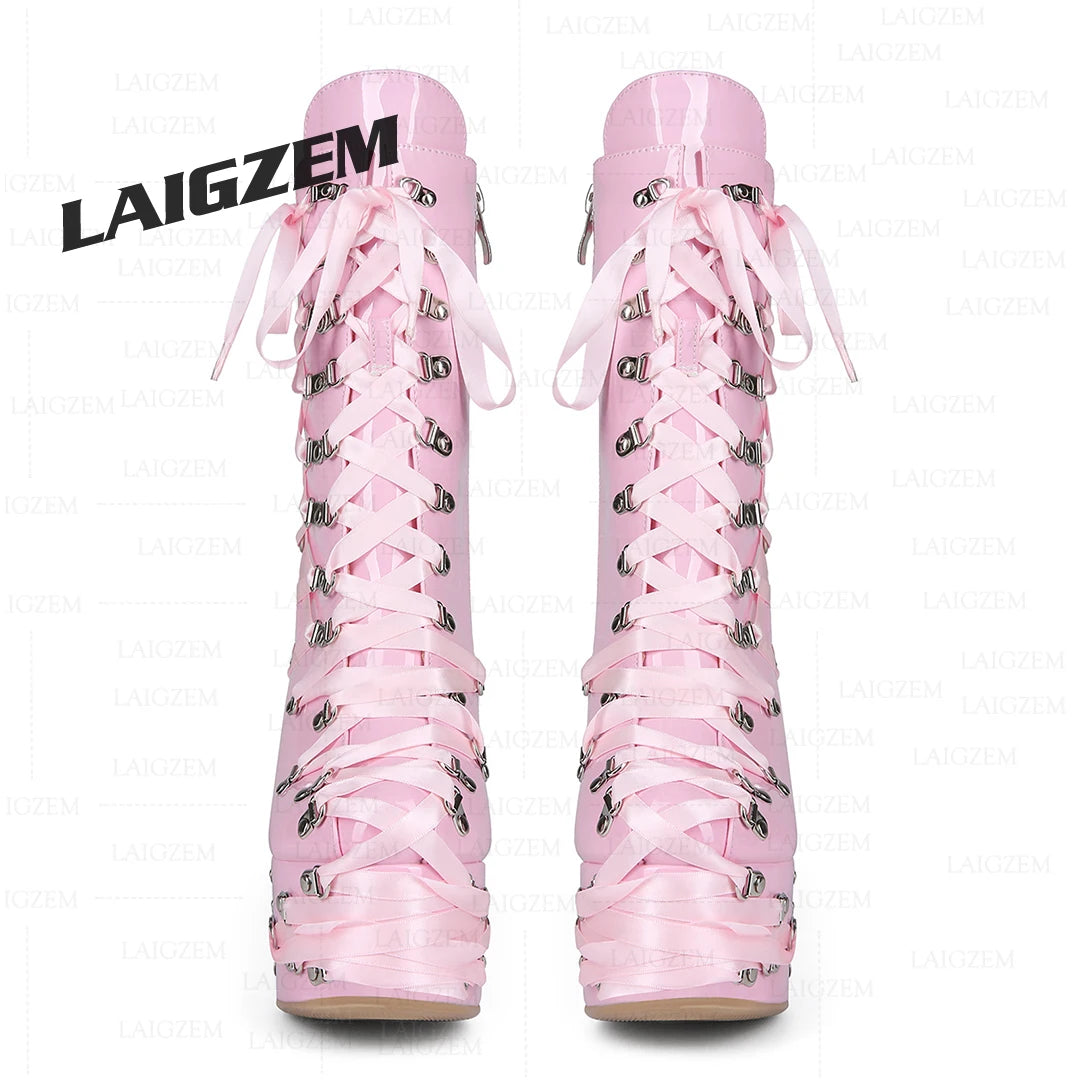 LAIGZEM Women Ankle Boots Side Zip Up Lace Up Thick High Heels Boots Cosplay Gothic Ladies Shoes Woman Large Size 38 41 43 47 52