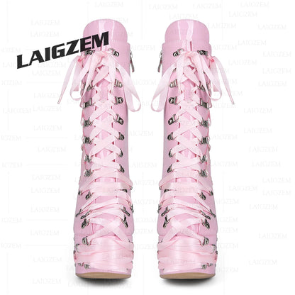 LAIGZEM Women Ankle Boots Side Zip Up Lace Up Thick High Heels Boots Cosplay Gothic Ladies Shoes Woman Large Size 38 41 43 47 52