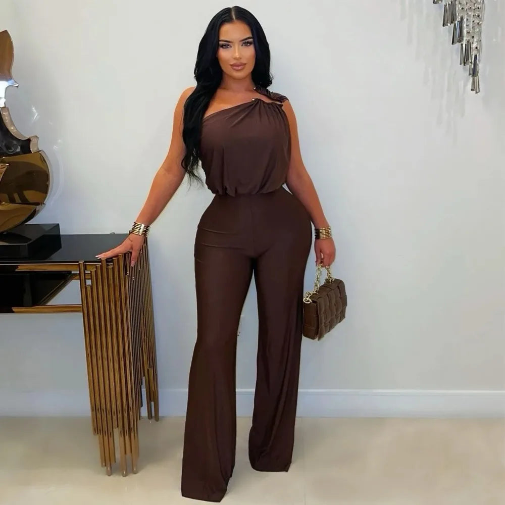 HLJ Winter New Sexy Bodycon Jumpsuits Woman Solid Color Off Showlder Metal Buckle Patchwork Rompers Female Streetwear Overalls
