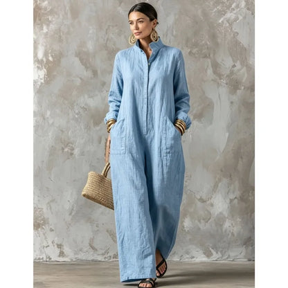 Women's Spring Autumn Long Sleeved Jumpsuit With Pockets Simple Solid Button Half Open Design Loose Jumpsuits Ladies Casual Wear