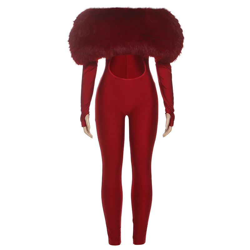 Weird Puss Furry Slash Neck Jumpsuits Woman Luxury Hipster Patchwork Trend Sexy Hollow Stretch Fitness Club Activity Overalls