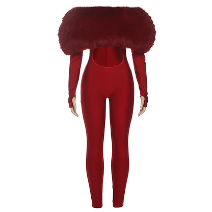 Weird Puss Furry Slash Neck Jumpsuits Woman Luxury Hipster Patchwork Trend Sexy Hollow Stretch Fitness Club Activity Overalls