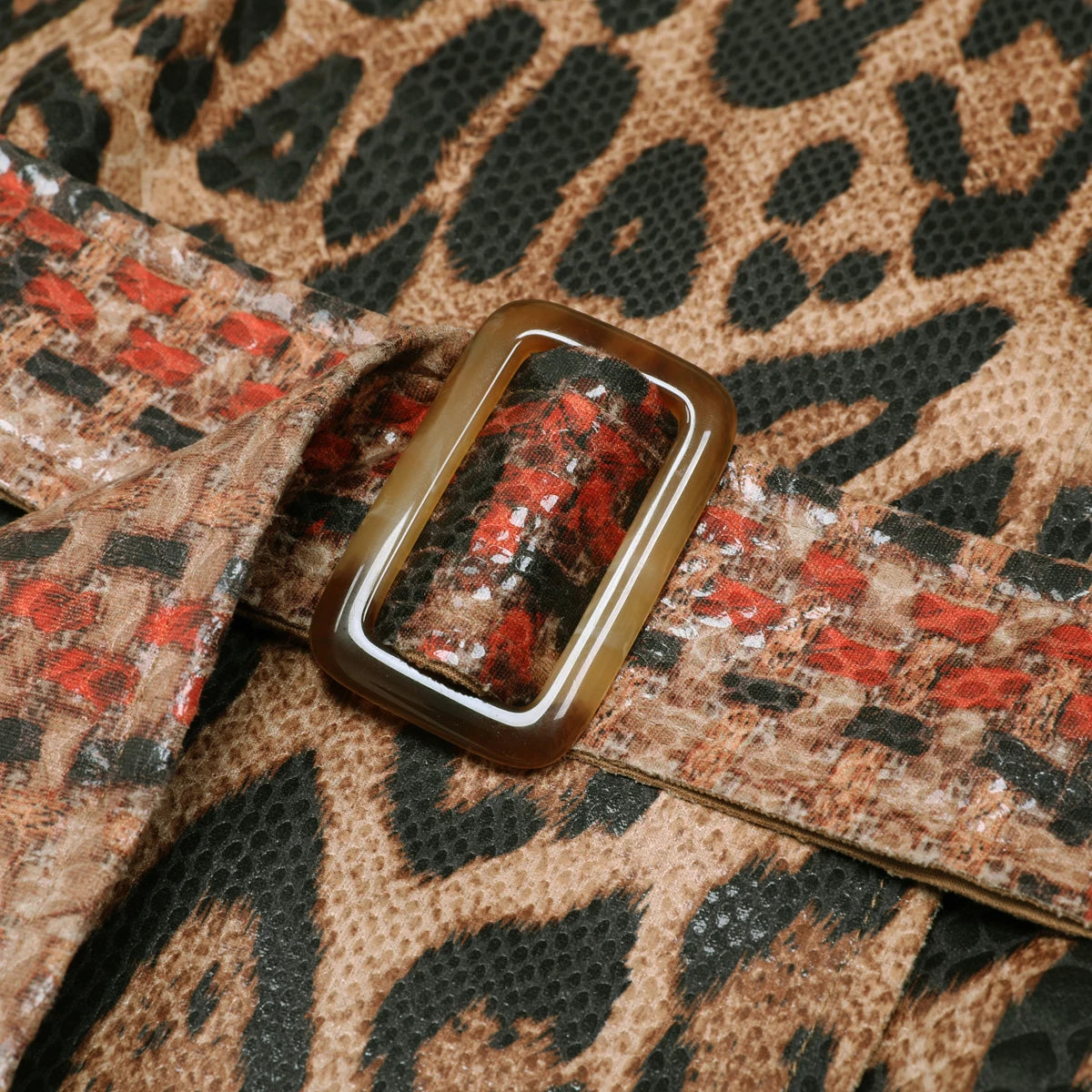 2102 High-quality Spring And Autumn Snake Skin Leopard Print Long Sleeved Leather Belt Temperament Coat Women's Trench Coat