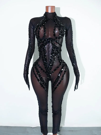 Sexy See-through Glitter Red Crystal Fringe Bodysuit High Elasticity Drag Queen Costume Festivals Outfit NightClub Dance Outfits