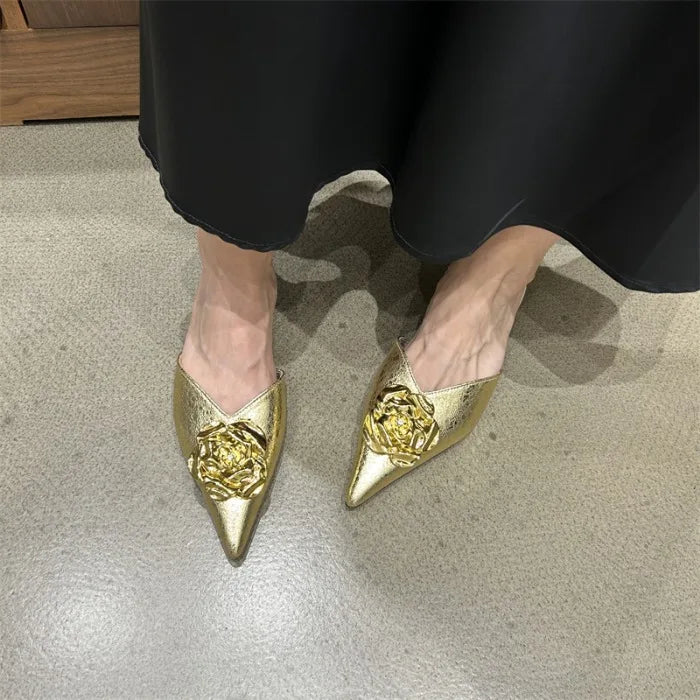 Flower Women Flats Slippers Pointed Toe Elegant Mules Shoes Fad Slingback Sandals 2025 Summer New Luxury Flip Flops Mujer Slides