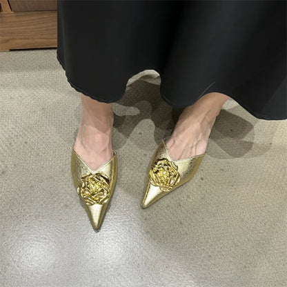 Flower Women Flats Slippers Pointed Toe Elegant Mules Shoes Fad Slingback Sandals 2025 Summer New Luxury Flip Flops Mujer Slides