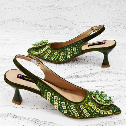New Arrival Fashion Rhinestone Design Dreamy Color Pointed Toe Women High Heels and Bag Set For Party Wedding or Work