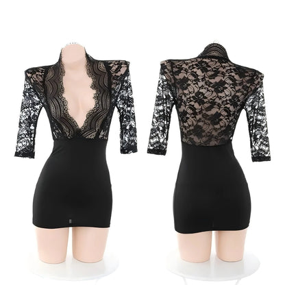 Sexy Office Lady Cosplay Costumes Women Sexy Lingerie Stewardess Outfit Secretary Bodysuit Uniform Black Lace Club Wear Dress