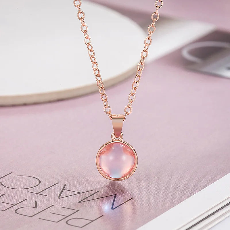 925 Sterling Silver Round Pendant Necklace with Pink Crystal Elegant Choker Wedding Jewelry Luxury Gift for Women Birthday