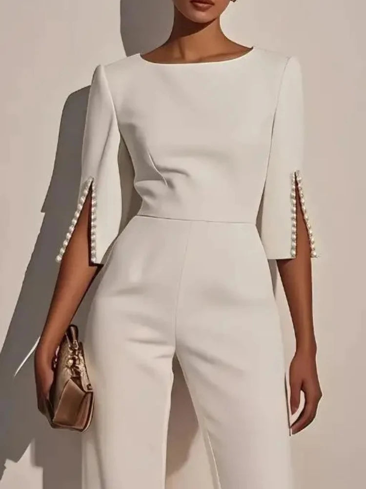 Fashion Hot Selling Spring Summer Solid High Waist Beaded Decor Jumpsuit for Women's Clothing Female Elegant Long Jumpsuits