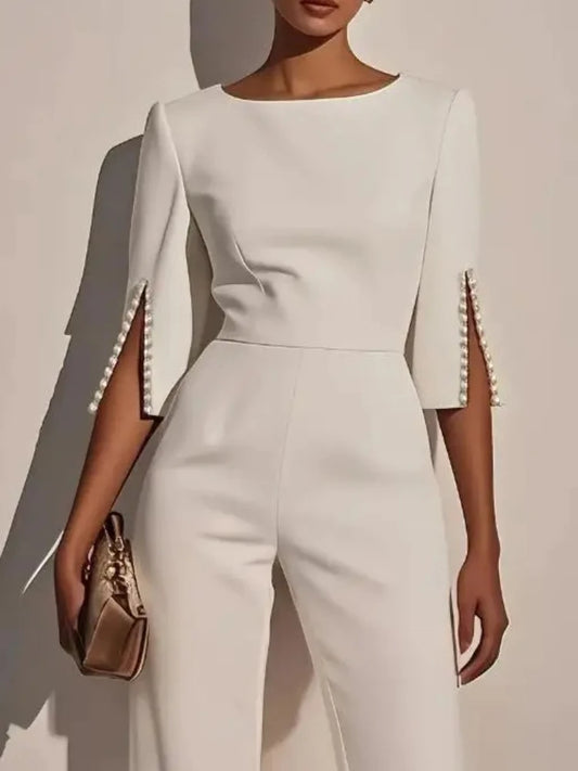 Fashion Hot Selling Spring Summer Solid High Waist Beaded Decor Jumpsuit for Women's Clothing Female Elegant Long Jumpsuits