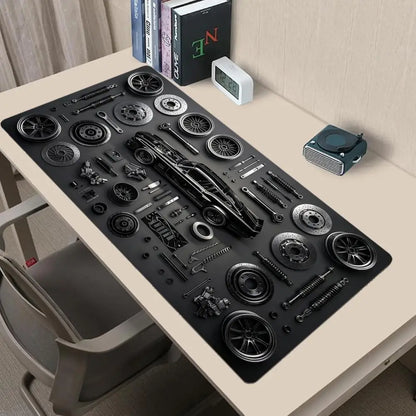 Car Parts Assembly Large Mouse Pad Retro Muscle Car Black Metal Texture Desk Mat Gaming Keyboard Pad Non-slip Office Table Mat