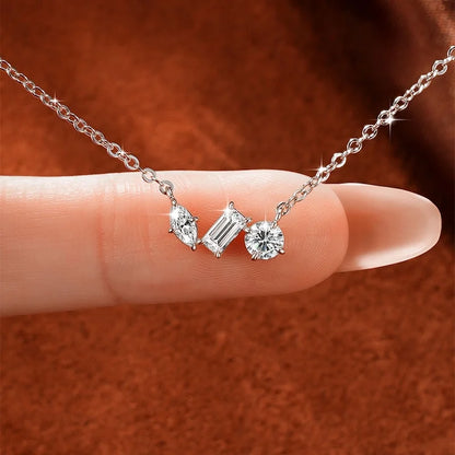 Rrjzz Three Stone D-Color Full Moissanite Pendant Necklace for Women Marquise Emerald Round Cut Necklace Birthday Jewelry Gifts