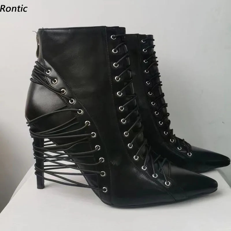 Rontic Women Winter Ankle Boots Faux Leather Sexy Stiletto Heels Pointed Toe Elegant Black Night Club Shoes US Size 5-15