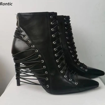 Rontic Women Winter Ankle Boots Faux Leather Sexy Stiletto Heels Pointed Toe Elegant Black Night Club Shoes US Size 5-15