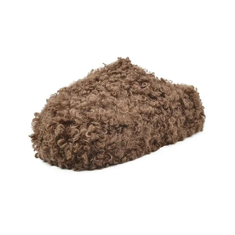 Thick Heel Luxury Lambwool Mules  Winter Shoes Woman Flip Flops Flat Cover Toe Slides Ins Warm Curly Lamb Fur Slippers Women