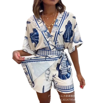 Rompers Women V Neck Half Sleeve One Piece Short Pant Tight Waist Lace Up Y2k Streetwear Jumpsuit Work Beach Casual Floral Print