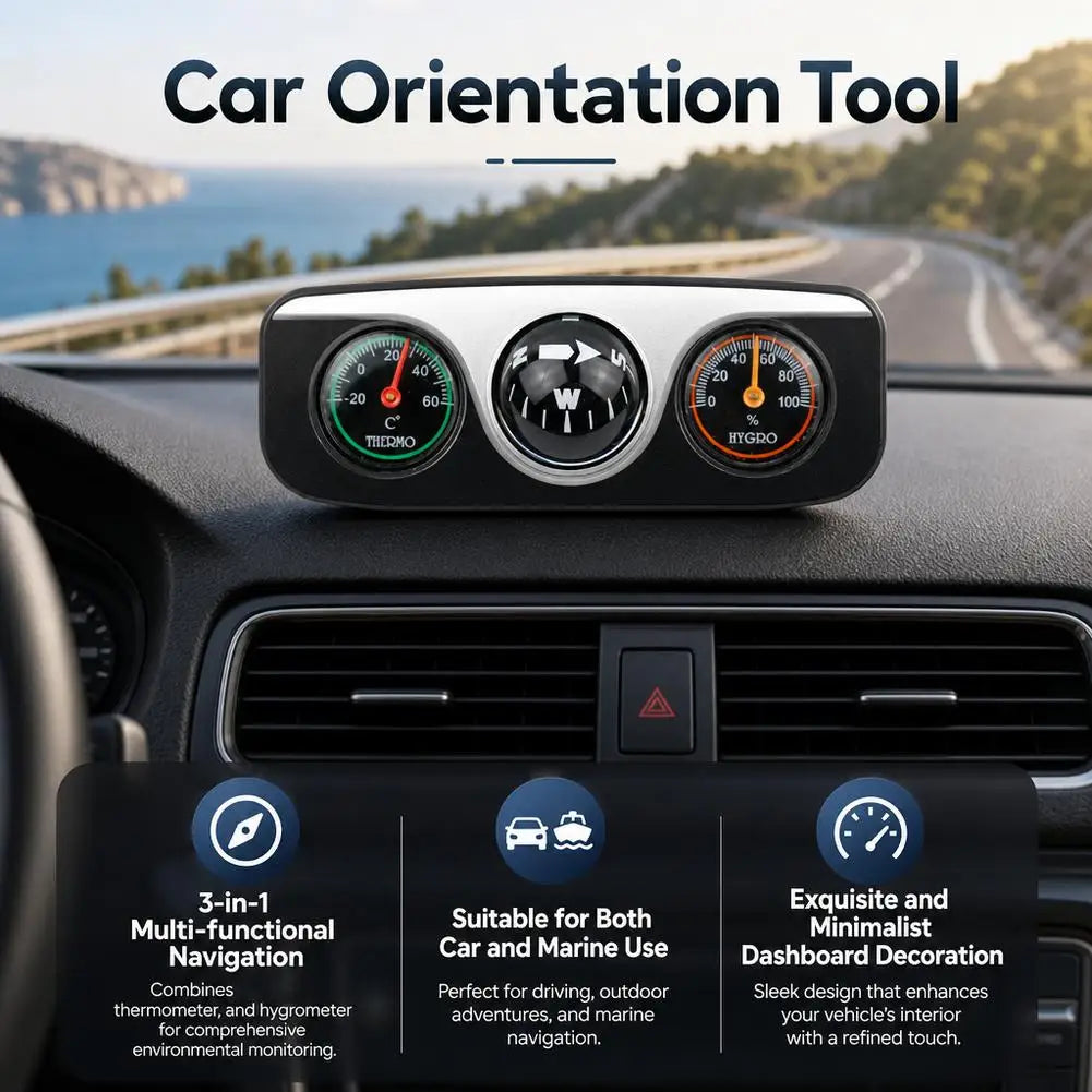 3 In 1 Car Compass Thermometer Hygrometer Dash Mount Navigation Ball Direction Pointer For Vehicle Auto Boat Accessories