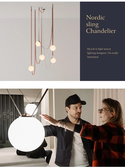 Nordic Leather Chandelier Italian Leather Belt Duplex Staircase Living Room Hotel Restaurant Decoration LED Lamps Pendant Lights