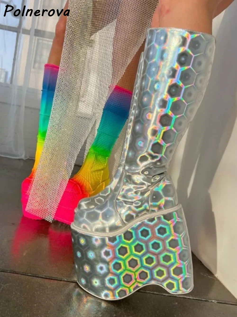 Double Platform Knee High Boots Rainbow Patchwork Round Toe Thick Soled Women's Shoes Women's Fashion Sexy Leather Winter Boots
