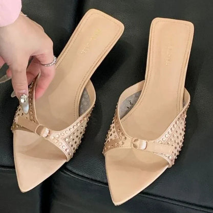 Luxury Rhinestone Mesh Kitten Heel Slippers Women Summer Sexy Pointed Toe Backless Slide Sandals Fashion Brand Designer Shoes