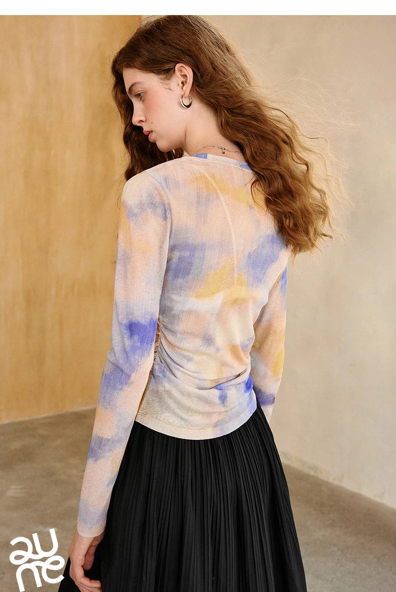 TOYOUTH Women's Sheer Second Skin Base Layer Top 2026 Fall Slim Fit Mongolian Print Nomadic Style
