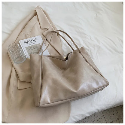 Personalized Name Embroidery Women's Large Tote Bag Brown Faux Leather Shoulder Handbag Vintage Soft Casual Bag for Work Travel