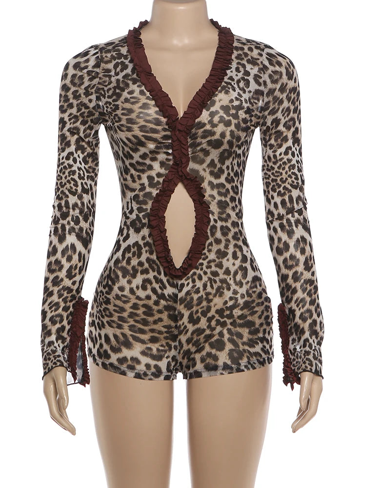 Weird Puss Leopard Print Romper Women See Through Sexy Hollow Deep v-Neck Ruffles Full Sleeve Clubwear Coquette Slim Playsuit