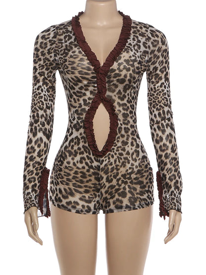 Weird Puss Leopard Print Romper Women See Through Sexy Hollow Deep v-Neck Ruffles Full Sleeve Clubwear Coquette Slim Playsuit