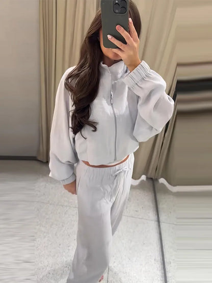 Stand Collar Thin Cropped Coats Pants Suits Women Street Lantern Long Sleeve Zipper Loose Tops Drawstring Wide Leg Trousers Sets