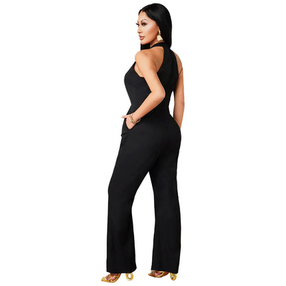 Summer Vacation Women V-neck Sleeveless Jumpsuit Office Lady Black Rompers Layered Bodysuit for Rave Work Party Daily Wear Club