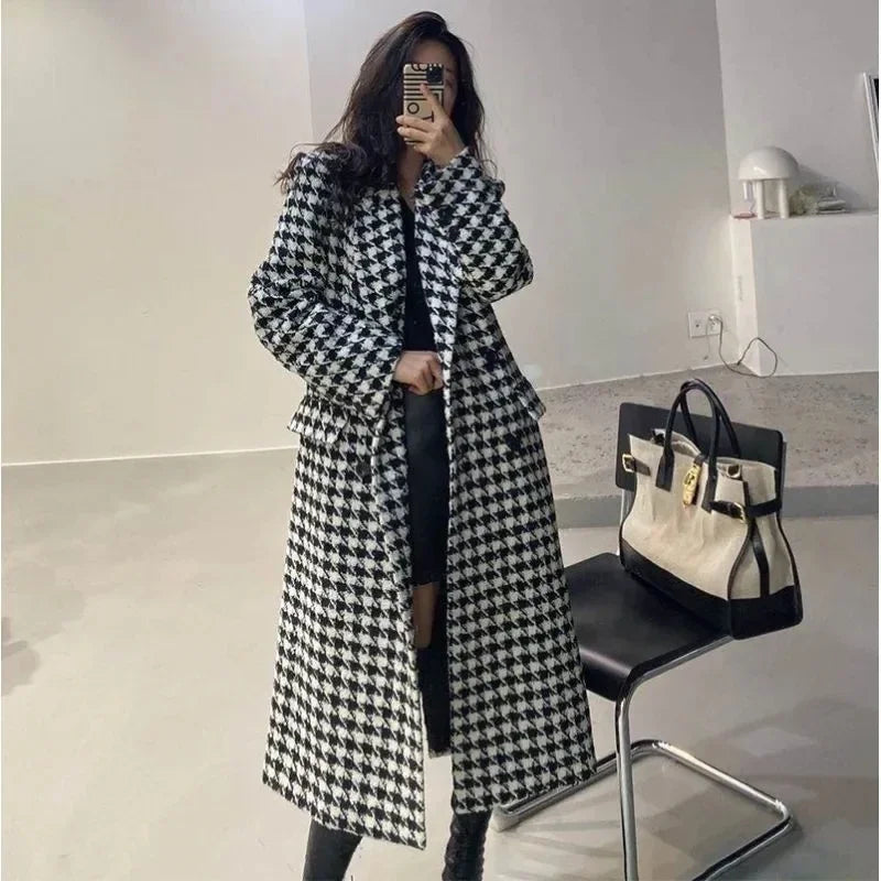 Women Autumn Winter Woolen Coat 2025 New Women Double Breasted Coat Korean Houndstooth Mid-Length Woolen Coat Lady Winter Jacket