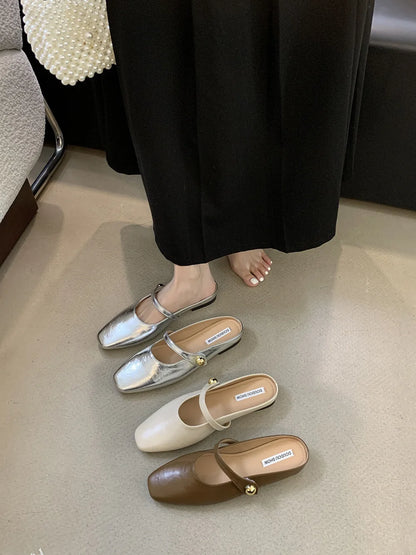 Soft Leather 2025 Ins Silver Buckle Strap Casual Shoes Fashion Flats Elegant Glitter Metallic Mules Shoes Cover Toe Slippers