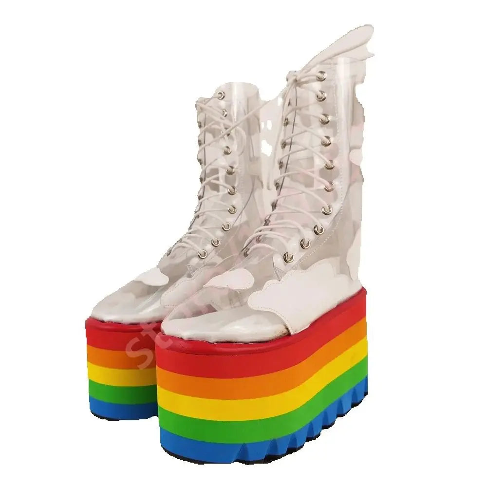 Rainbow Thick Sole Clear Pvc Short Boots 2025 New Round Wedge Heel Street Punk Cross-Lace Stage Boots Fashion Party Casual Boots