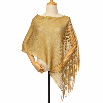 Spring/Summer Cross-Border Gold Silver Thread Mesh Tassel Hollow Knit Shawl Scarf for Women-Outerwear for Evening Parties