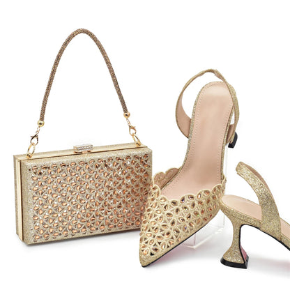 New Arrival Nigeria Women Designer Shoes and Bags Decorated with Rhinestone Wedding Italian Shoes Bag Set Pumps Women Luxury