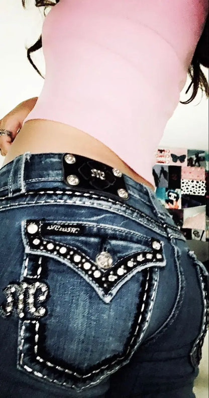 Gothic Womens Diamond Embroidery Jeans Vintage Low Rise Flared Jeans Women Retro Y2k Baggy Denim Pants High Streetwear Trousers