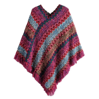 Coat Overlays Winter Warm Mongolian Poncho Striped Polyester Knitting Wraps Ethnic Style Pullover Tassel Shawl Women Fashion