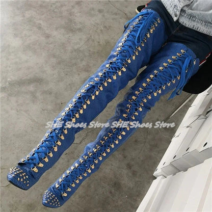 Fashion Rivets Design Women Over-The-Knee Boots Pointed Toe High Heel Trouser Lace-Up Boots Lady Party Dress Long Boots
