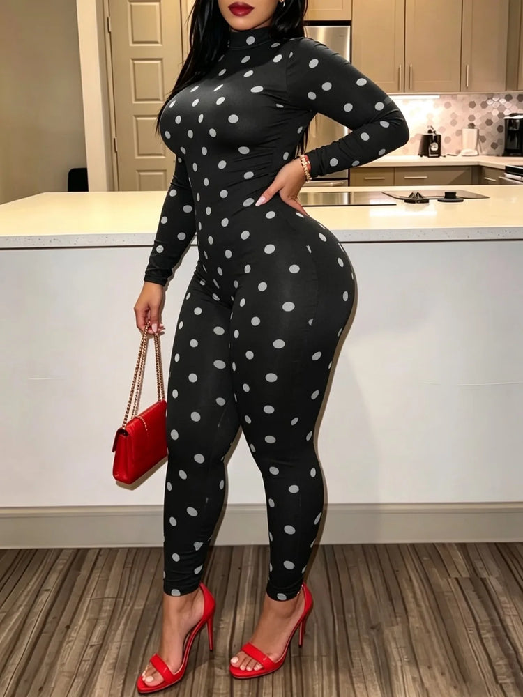Sexy Women Polka Dot Bodycon Jumpsuit High Neck Long Sleeve Slim Fit One Piece Y2K Clubwear Party Outfit