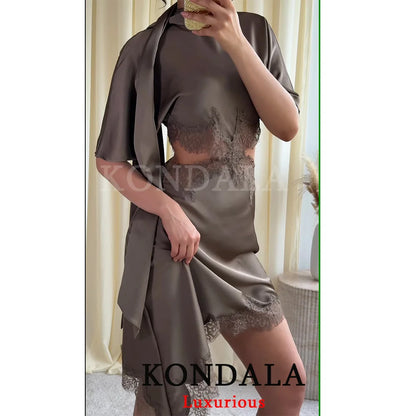 KONDALA Elegant Sexy Chic Women Mini Dress Asymmetrical Scarf Collar Dress Fashion 2026 Spring Summer Holiday Night Out Dress
