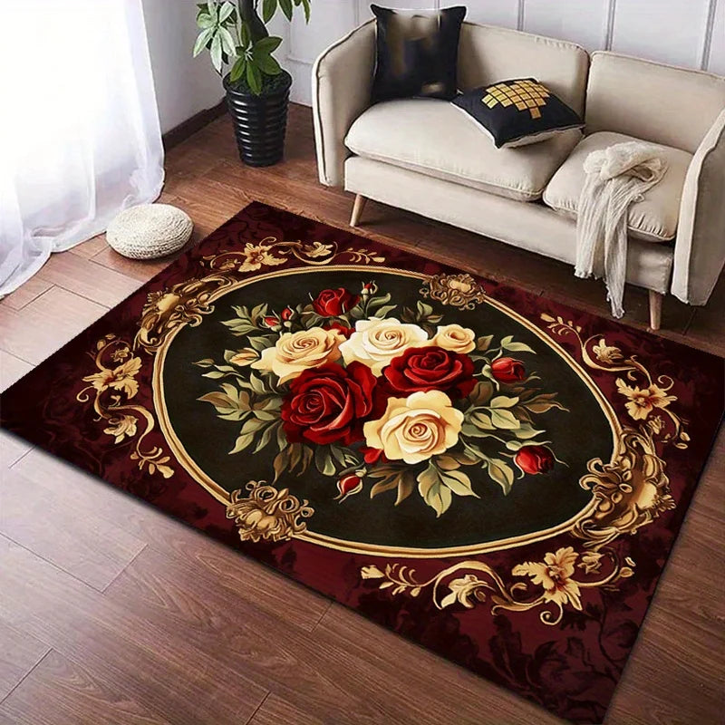 Retro Floral Area Rug Luxury Red White Rose Design Floor Mat for Entryway Bedroom Living Room Non-Patchwork Large Size Carpet