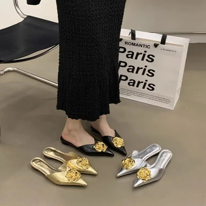 Women Flats Slippers Pointed Toe Elegant Mules Shoes Fad Slingback Sandals 2025 Summer New Luxury Flip Flops Mujer Slides