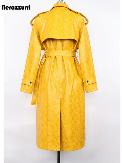 Nerazzurri Spring Autumn Long Oversized Colorful Snakeskin Print Patent Leather Trench Coat for Women Belt Runway Fashion 2022