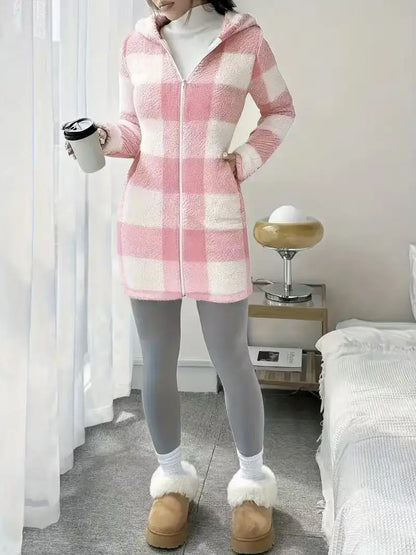Womens Coats Winter Manteau Winter Warm Plush Pocket Coat Womens Plaid Print Hooded Long Zip Cardigan Sobretudo Feminino Inverno