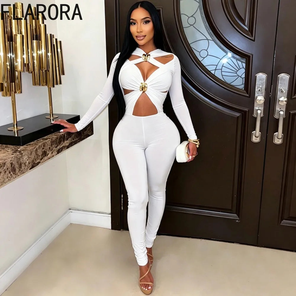 FLARORA Sexy Hollow Out Jumpsuits Woman Trend Metal Buckle Decoration Full Sleeve Skinny Peach Hip Party Club Street Overalls