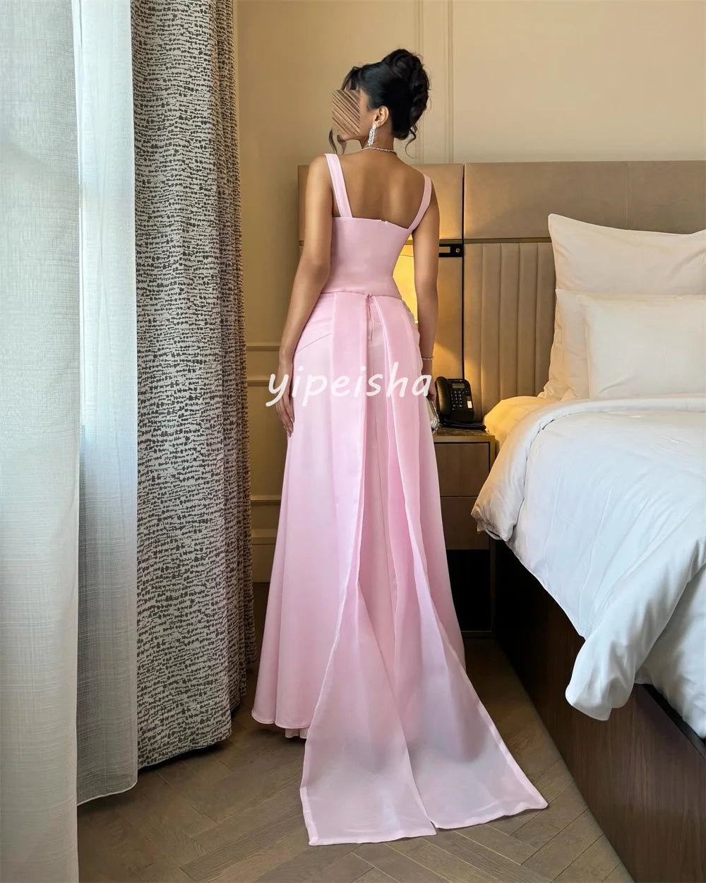 Customized Matching Elegant Jersey Rhinestone Draped Pleat Straight Square Neck Long Dresses Bespoke Occasion Dresses Sexy